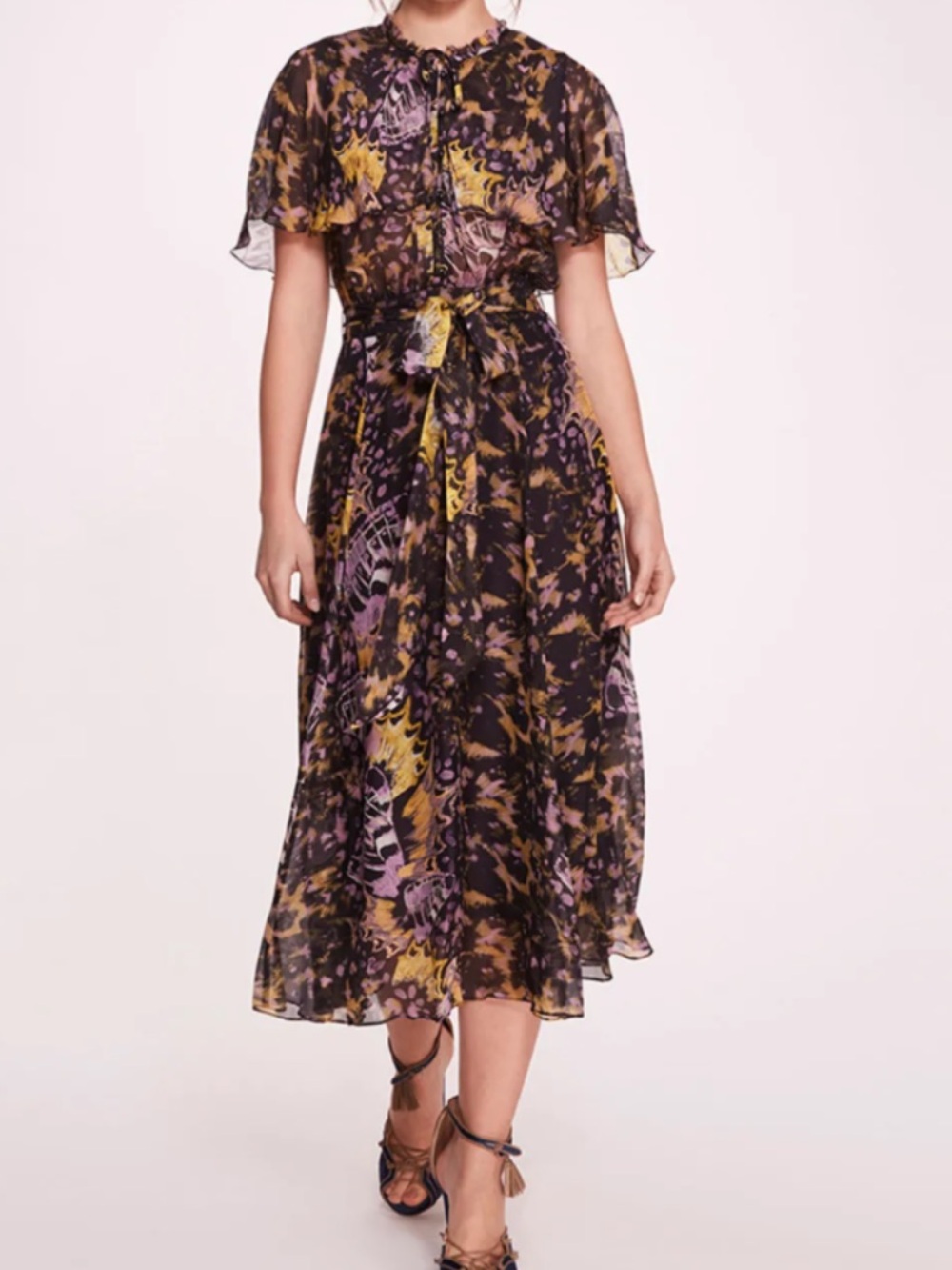 Marchesa Monarch Sheer Floral Midi Dress in Black, Yellow, Purple